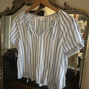 Bella Dahl Linen Striped V-Neck Blouse in Blue and White